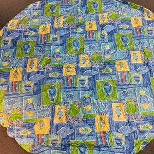 Vintage 65” Round Flannel Back Vinyl Tablecloth Blue Fish Shell Mosaic